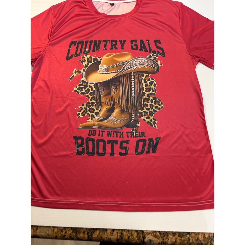 Country Gals Graphic T-Shirt Red Short Sleeve Womens Polyester Blend Casual Tee